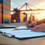 Logistics professionals reviewing shipping documents at a container terminal supporting Taiwan manufacturers’ Singapore and Malaysia logistics operations.