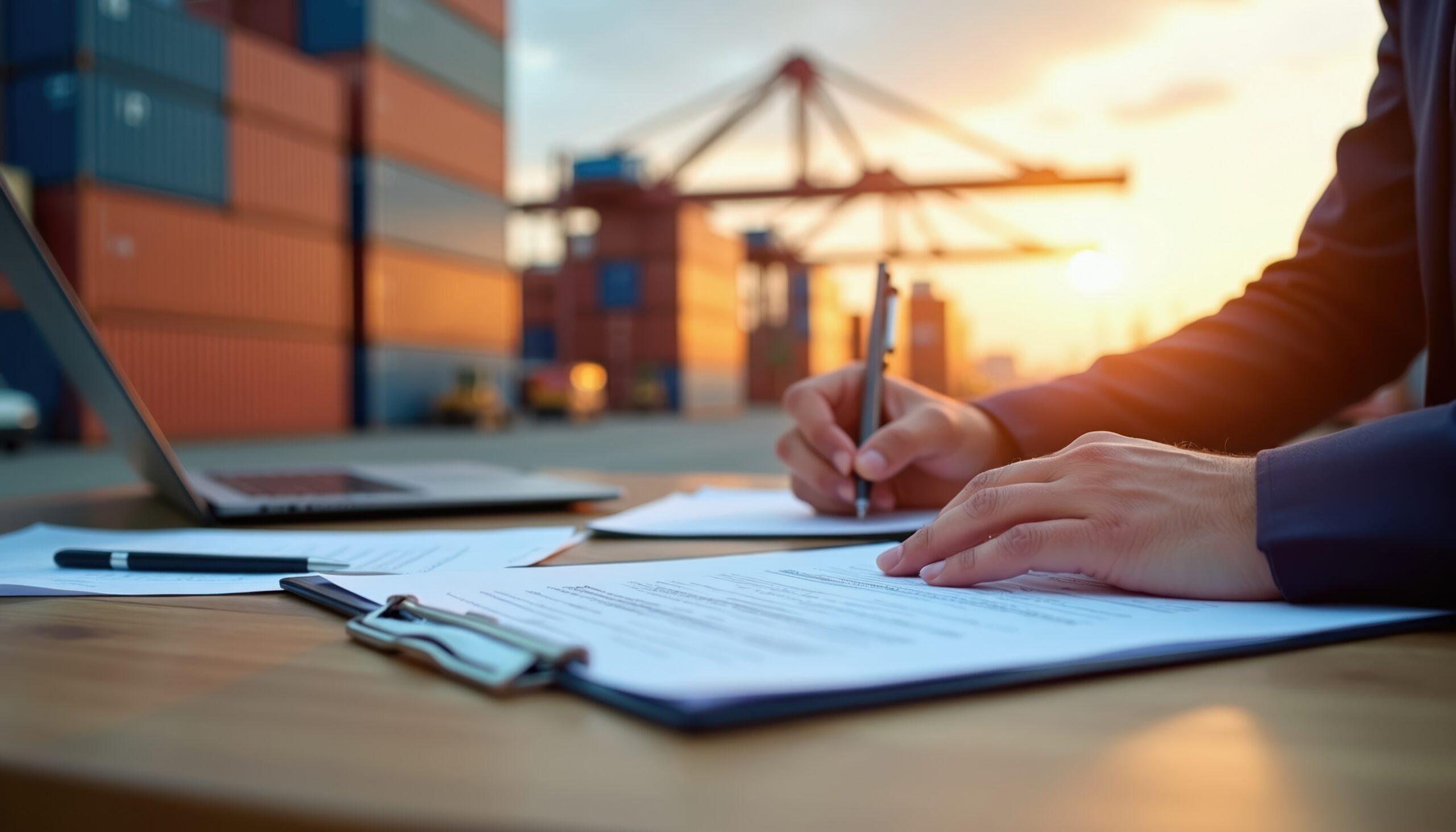 Logistics professionals reviewing shipping documents at a container terminal supporting Taiwan manufacturers’ Singapore and Malaysia logistics operations.