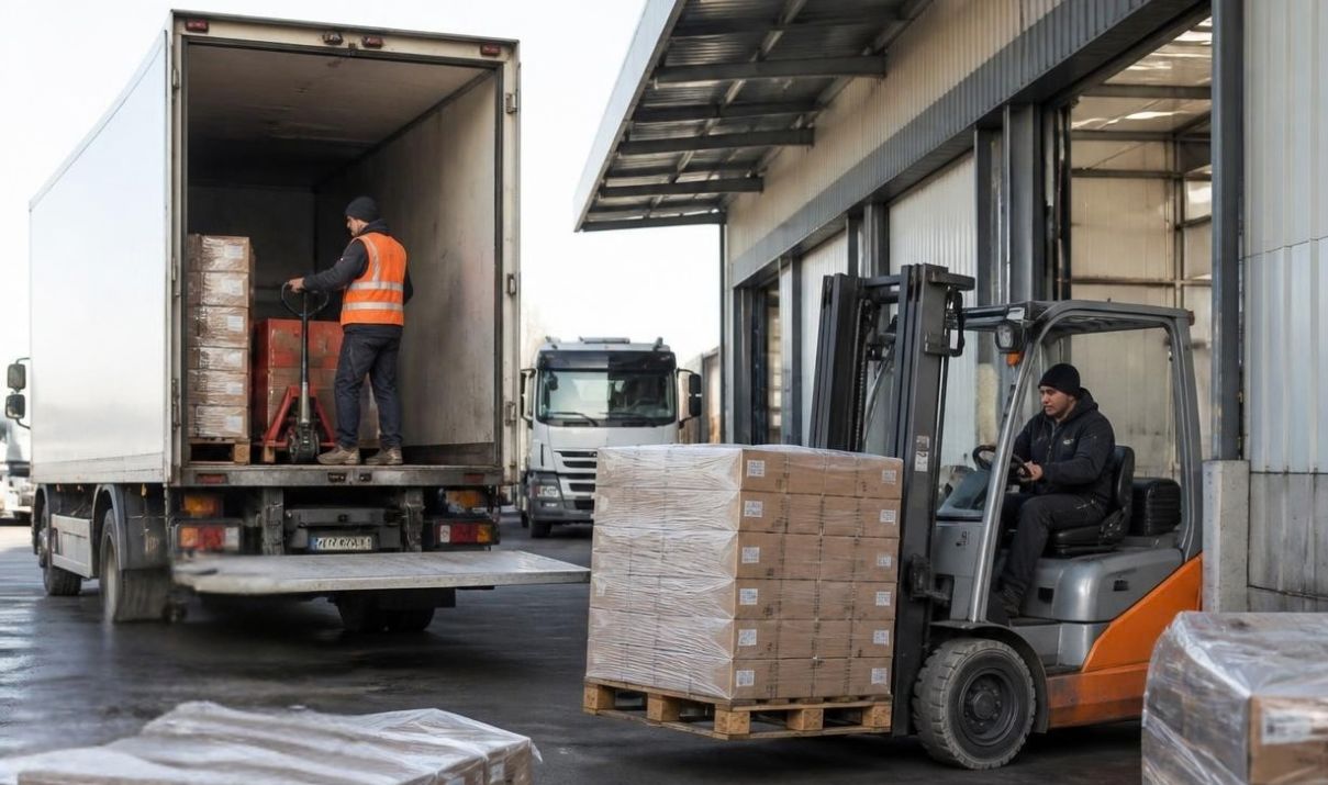 Forklift moving palletized cargo beside a truck at a warehouse loading area